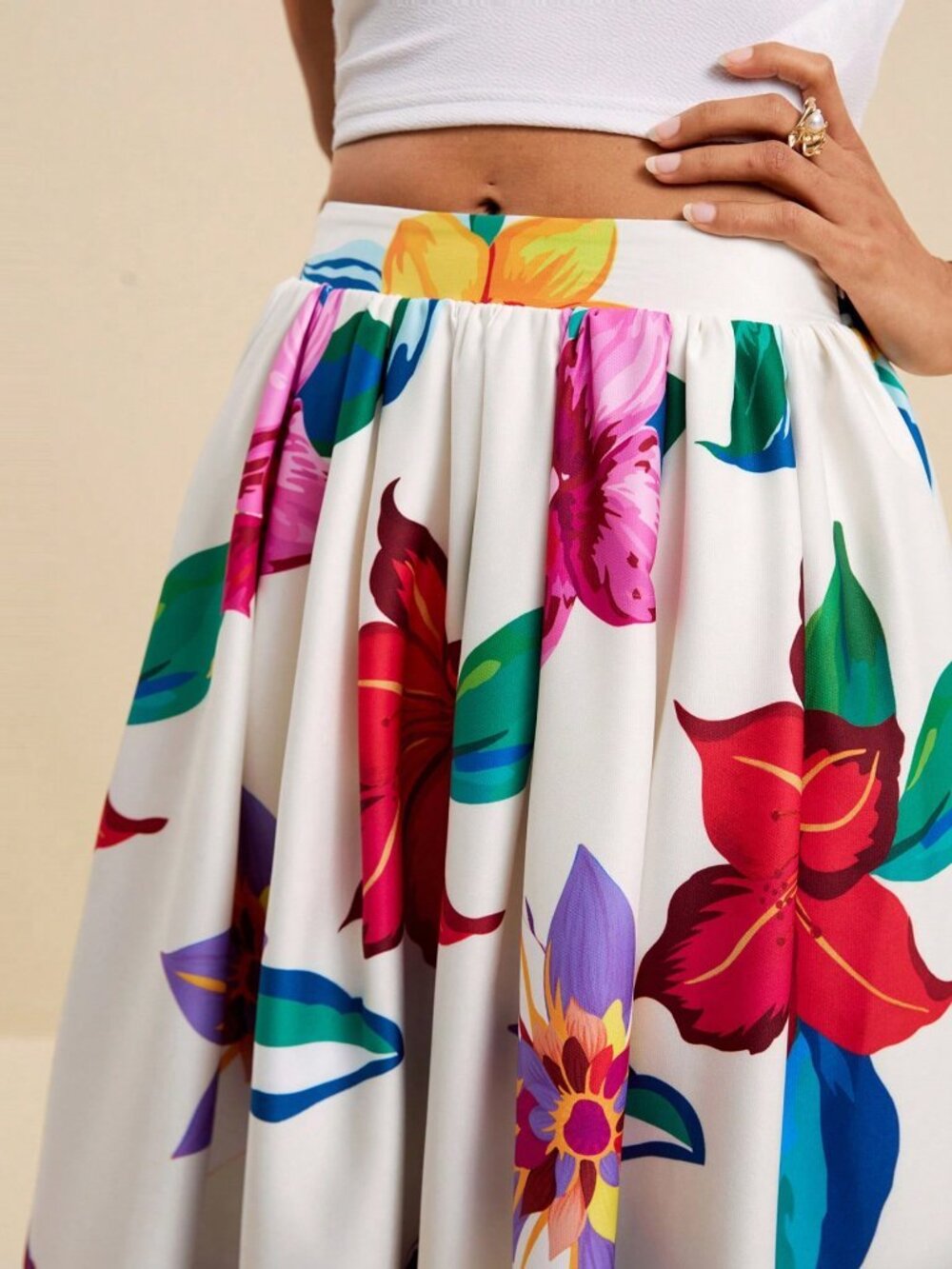 White Boho Women's Large Floral Print Flared Skirt - Picture 7 of 8